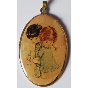 Vintage Fran Mar Moppet Oval Pendant Boy Girl Pigtails Children 70's Jewelry‎